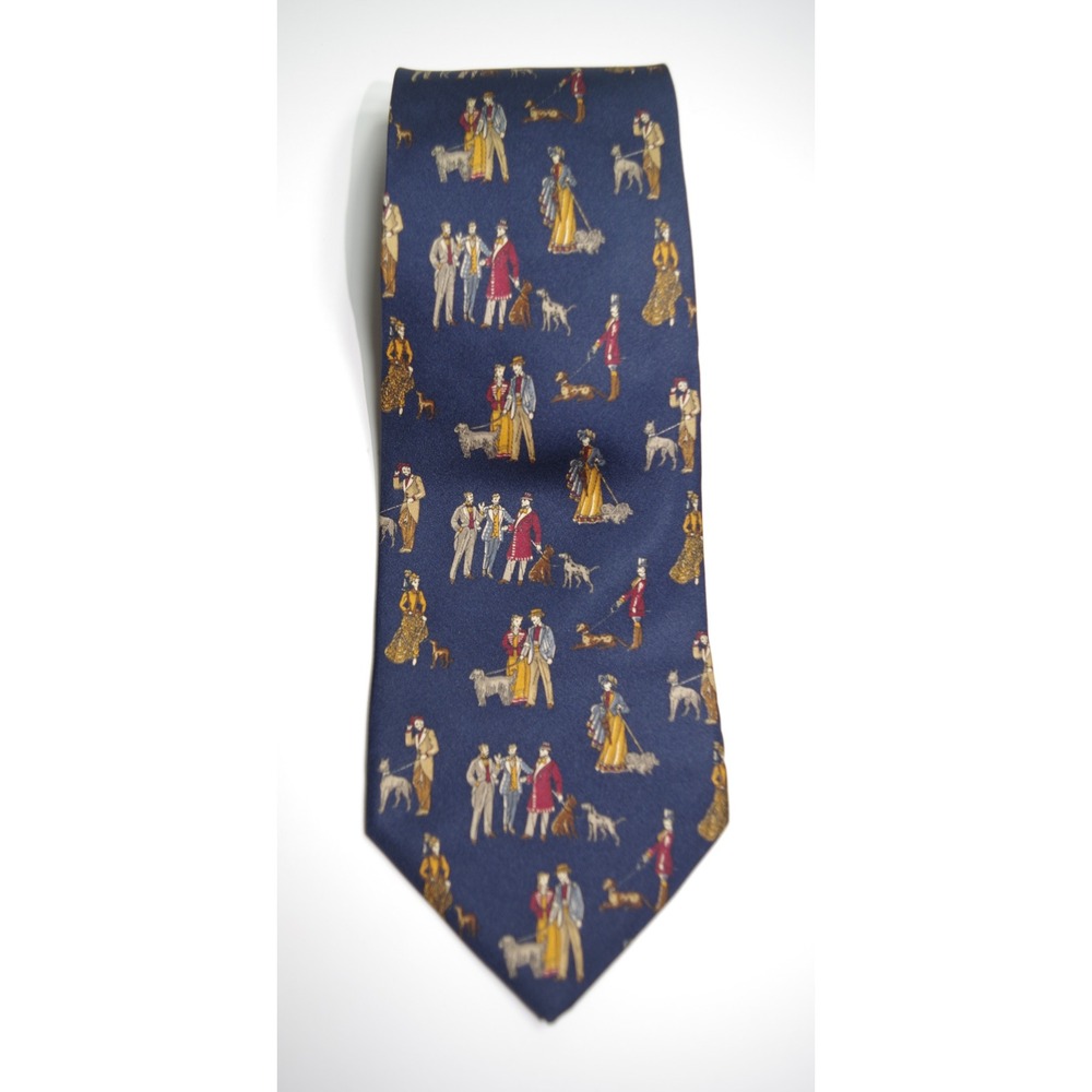 Salvatore Ferragamo Mens Navy Blue Silk Tie Dog Walker Equestrian Print Italy